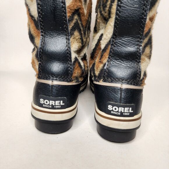 Sorel Tofino Winter Boots Waterproof Black Tan Chevron Womens Size 8 Faux Fur - Picture 11 of 12
